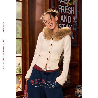 BeerBro『摇滚书吧』亲肤感纱线秋冬紧身可拆卸毛领短款毛衣外套