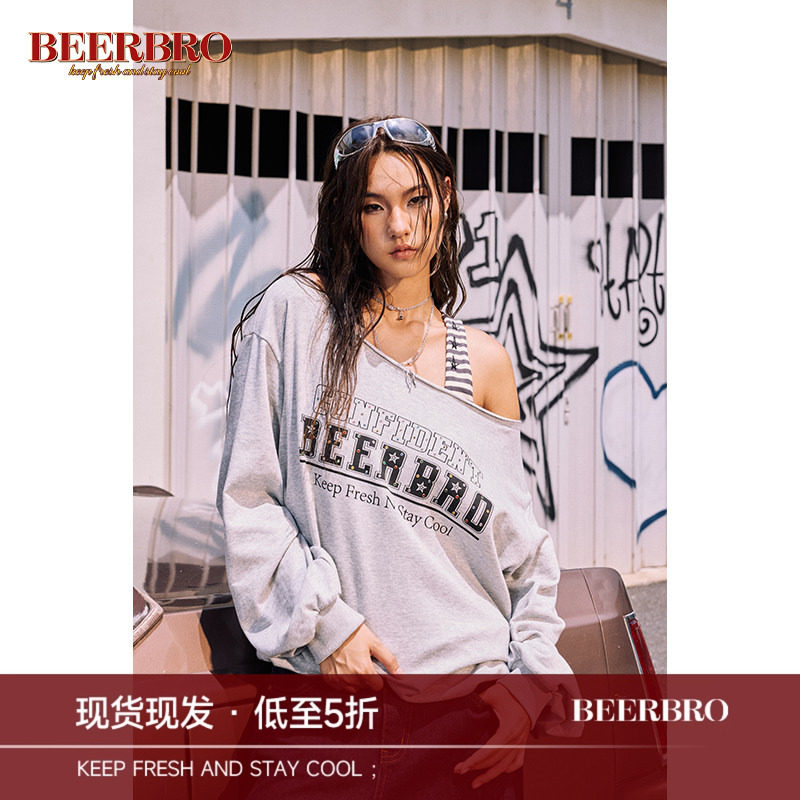 BeerBro 美式辣妹一字肩套头卫衣女早秋新款烫钻印花宽松长袖上衣图片