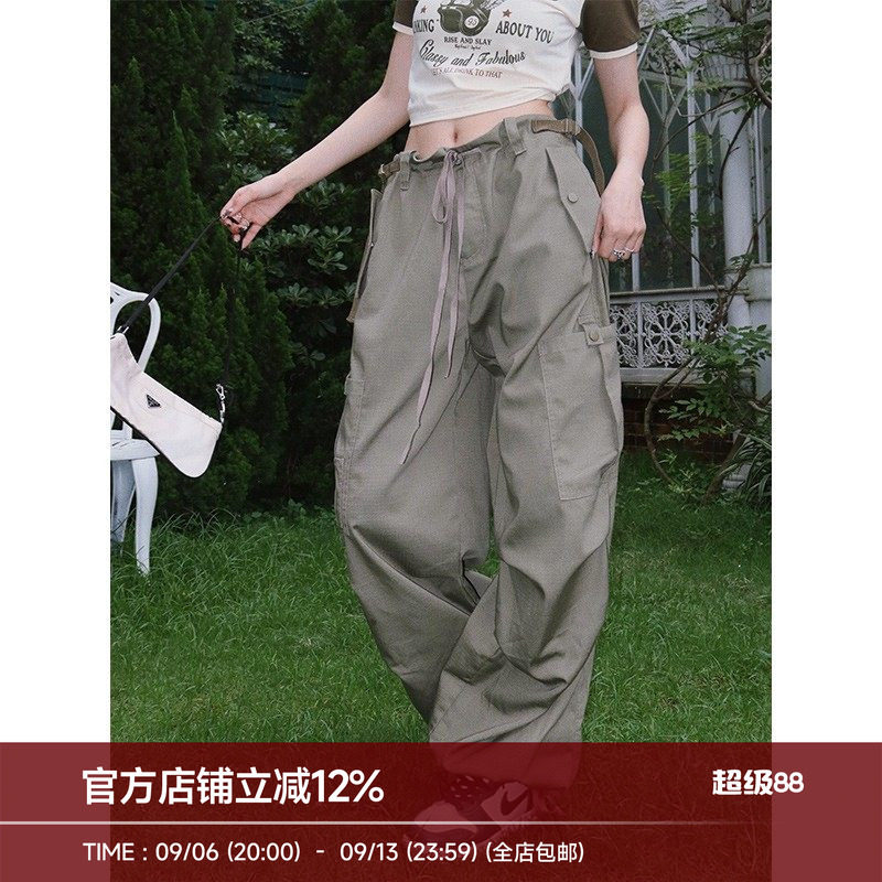 BeerBro 美式复古街头辣妹绿色工装裤女设计感降落伞裤束脚休闲裤图片