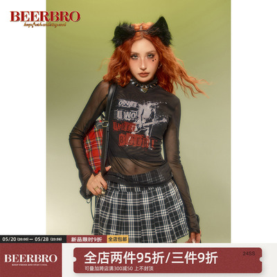 BeerBro美式摇滚印花网纱小高领长袖T恤女春季绑带辣妹打底衫上衣