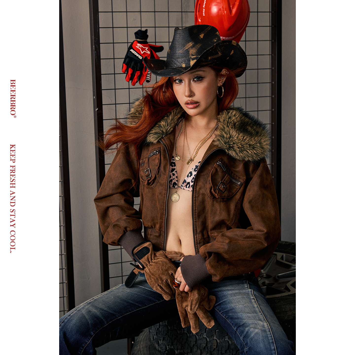 BeerBro『极速西部』辣妹秋冬可拆卸毛领洗水短款夹克外套女