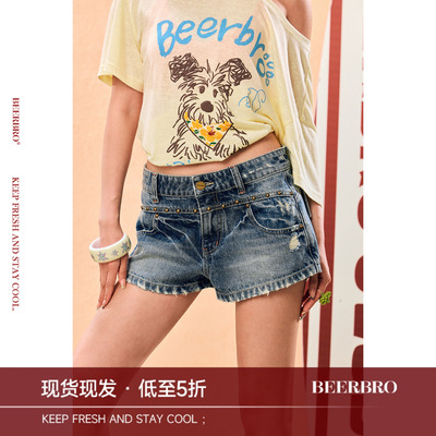 BeerBro『出逃西海岸』街头复古做旧辣妹显腿长显瘦低腰牛仔短裤