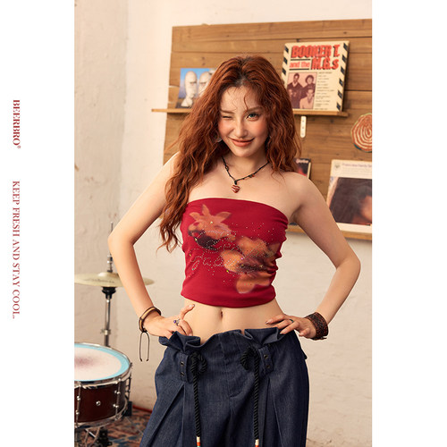 BeerBro『音乐节专场』夏日清爽木棉花烫钻带胸垫吊带抹胸上衣夏