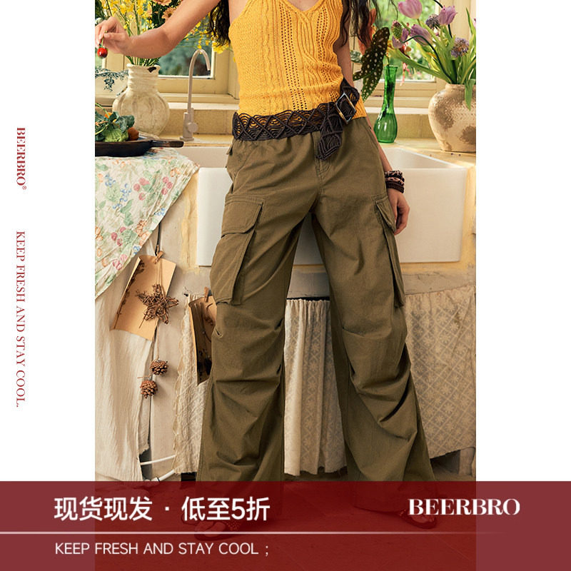 BeerBro『玩乐夏日』全棉成衣石磨骨位工装多口袋休闲裤女夏季