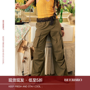 BeerBro『玩乐夏日』全棉成衣石磨骨位工装多口袋休闲裤女夏季