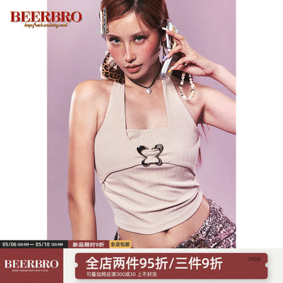 BeerBro 涩谷辣妹假两件蝴蝶挂脖吊带背心女设计感弹力显瘦小上衣