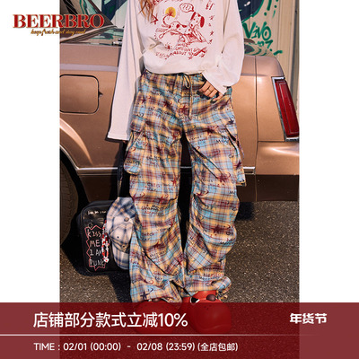 BeerBro 『明星同款』原创涂鸦格子工装裤设计感绑带口袋直筒长裤