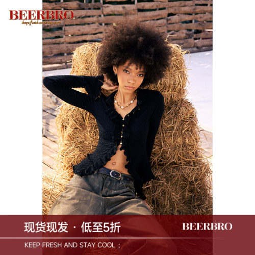 BeerBro 美式复古辣妹游牧风肌理感针织开衫女秋冬黑色针织上衣