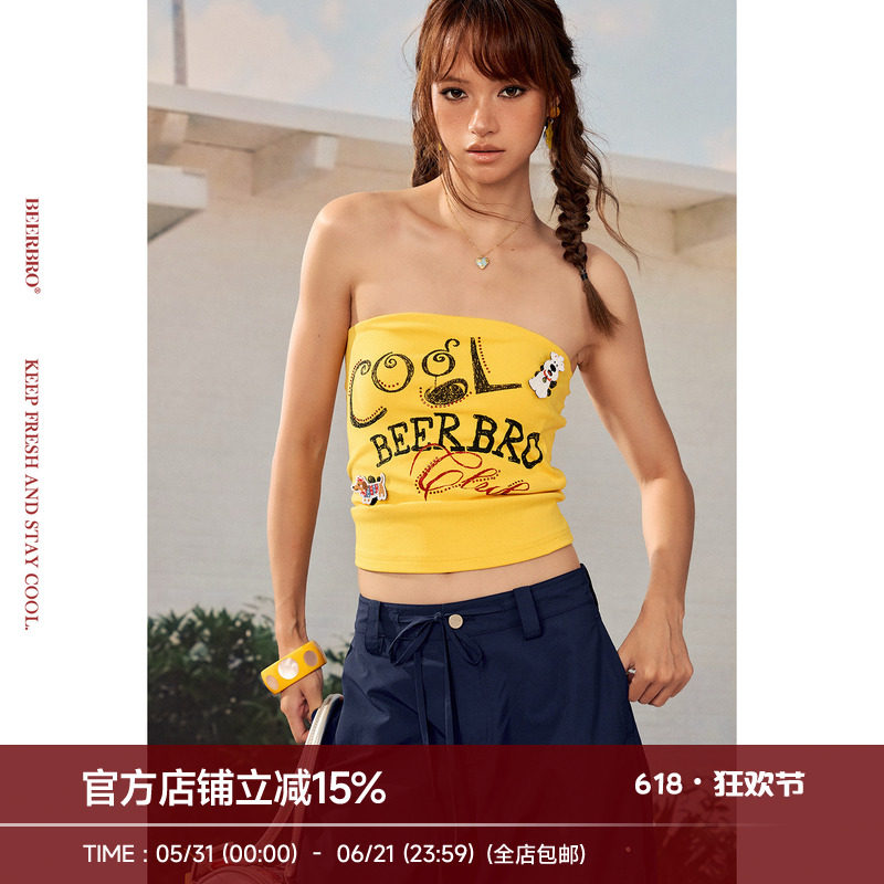 BeerBro『出逃西海岸』辣妹休闲字母表情印花可DIY魔术贴小狗抹胸