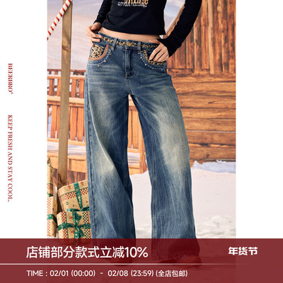 BeerBro『反叛假日』做旧水洗经典百搭宽松直筒豹纹烫钻牛仔裤