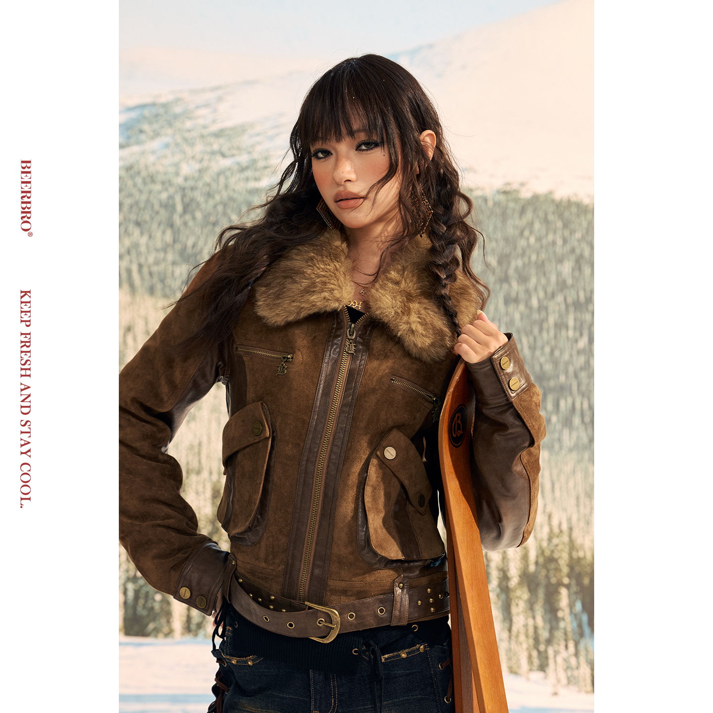 BeerBro『反叛竞技社』1600g裥棉秋冬加厚辣妹麂皮拼pu棉服外套