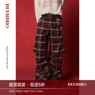BeerBro 美式休闲松紧腰宽松直筒格子工装裤女秋冬复古口袋阔腿裤