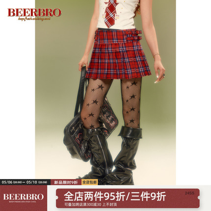 BeerBro 美式复古格子百褶裙女春夏高腰显瘦学院风绣花包臀半身裙