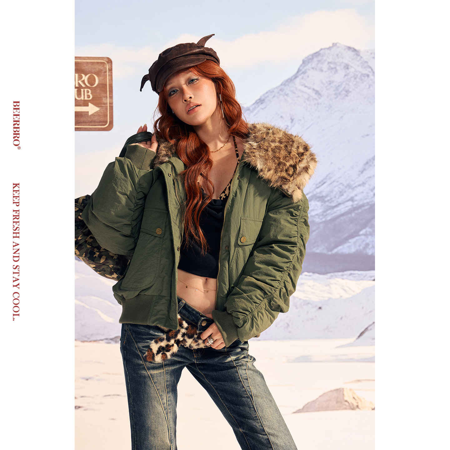 BeerBro『反叛竞技社』保暖舒适90白鸭绒豹纹毛领羽绒服外套