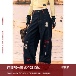 BeerBro『风帆运动社』舒适耐穿章子绣翻折格子原浆直筒牛仔裤