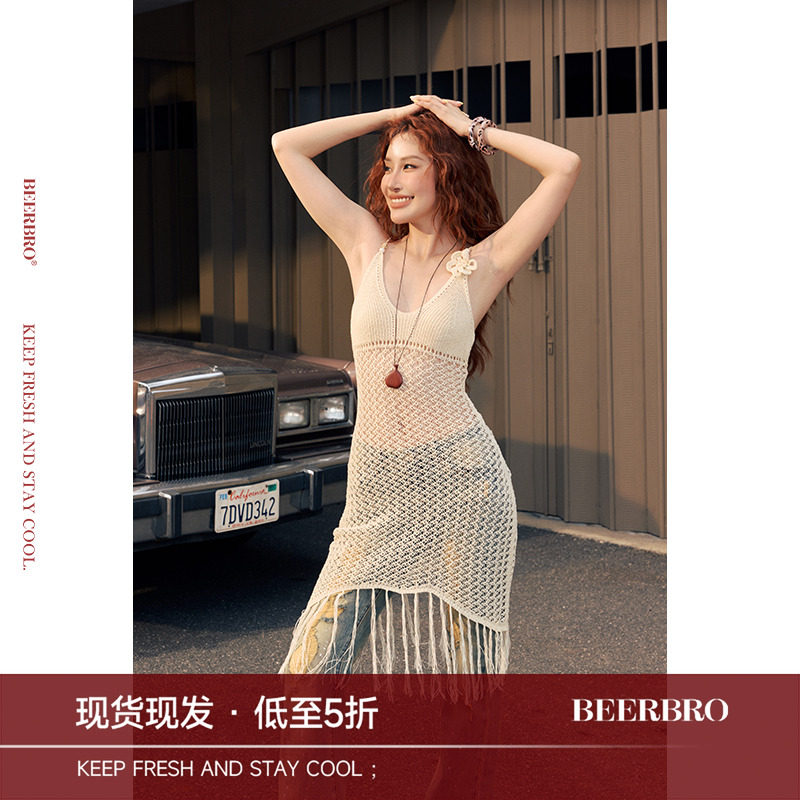 BeerBro『松弛街头』手钩立体花+辣妹镂空流苏手钩立体花连衣裙,女装/女士精品,连衣裙,淘宝优惠券,粉丝福利购,淘宝优惠卷