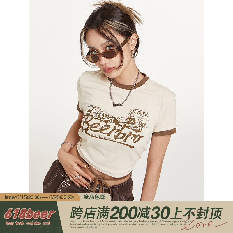 BeerBro美式复古设计感绑带短袖女2023夏季欧美辣妹修身正肩T恤女_虎窝淘