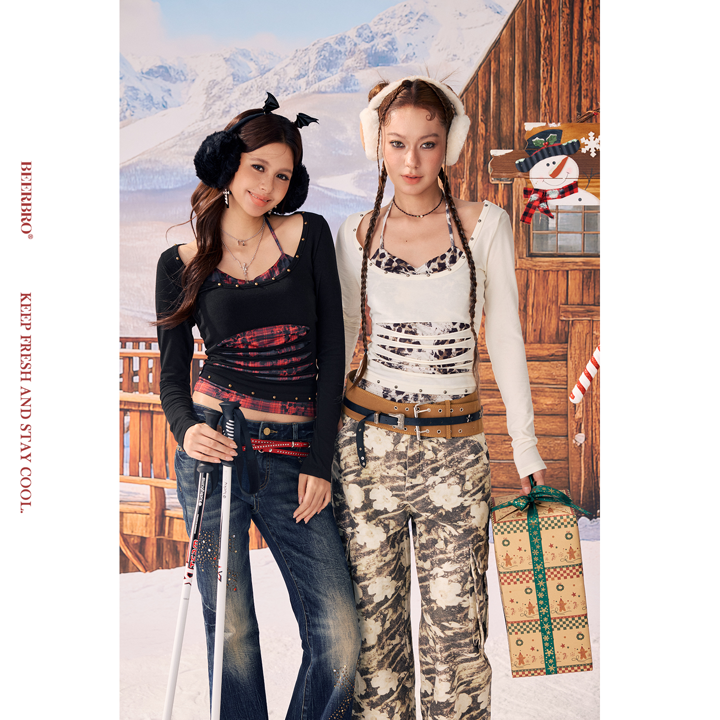 BeerBro『反叛假日』辣妹修身假两件割破设计打炮珠针织衫女