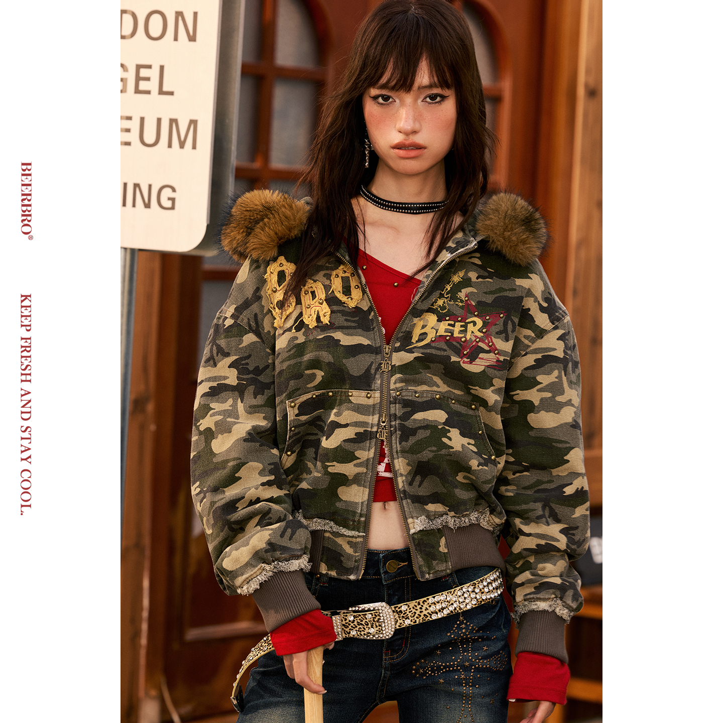 BeerBro『旷野派对』1200g夹棉洗水做旧绣花宽松迷彩连帽外套