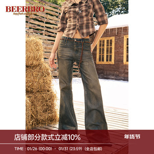BeerBro 美式游牧风低腰直筒刷蜡做旧牛仔裤女秋冬修身显瘦微喇裤