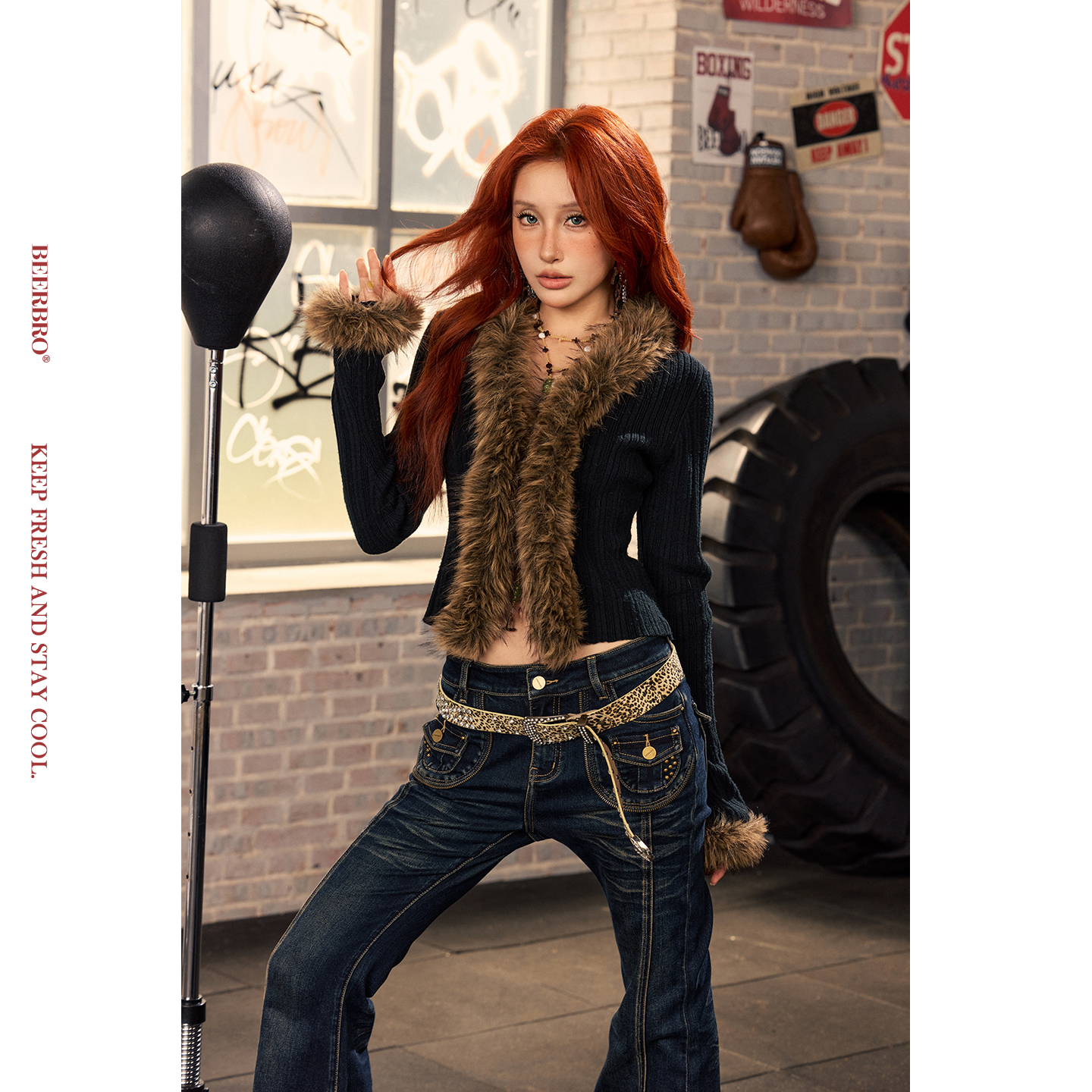 BeerBro『暴力美学 』轻松出门秋冬修身撞色毛毛拼接开衫毛衣外套