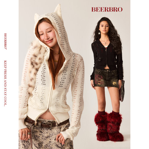 BeerBro『复古声浪』辣妹小恶魔角连帽收腰显瘦毛衣开衫小外套