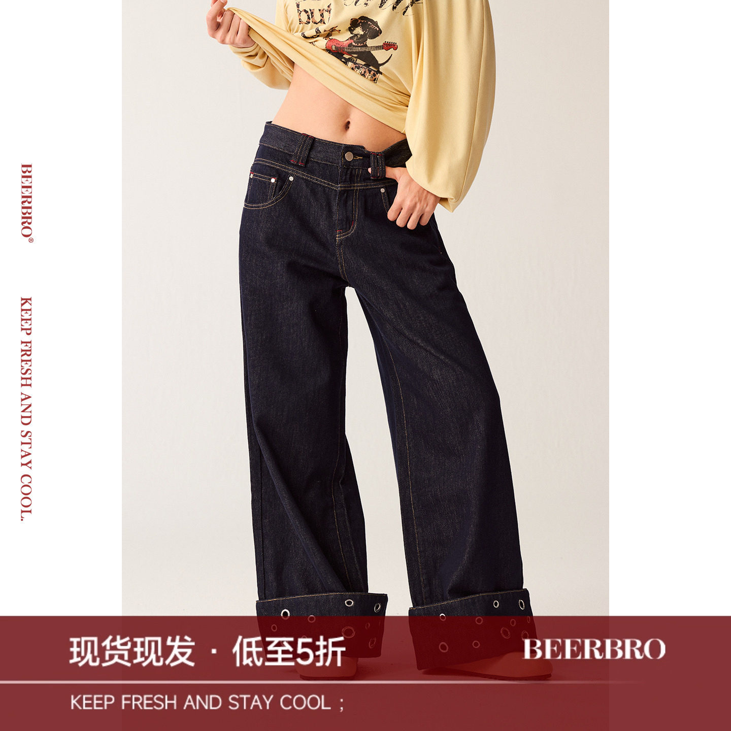 BeerBro『复古声浪』经典原牛色气眼装饰宽松显瘦直筒牛仔裤图片