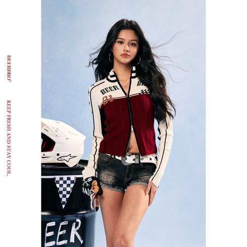 BeerBro『竞速脉冲』纱线舒服有弹力春季运动撞色印花毛衣外套