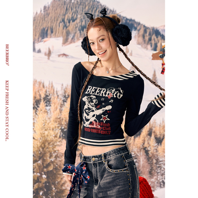 BeerBro『反叛假日』舒适不紧绷拼条纹假两件音乐小狗图案长袖T恤