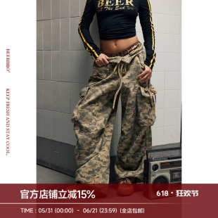 BeerBro 『摇滚学院』洗水做旧美式街舞辣妹迷彩工装休闲裤女