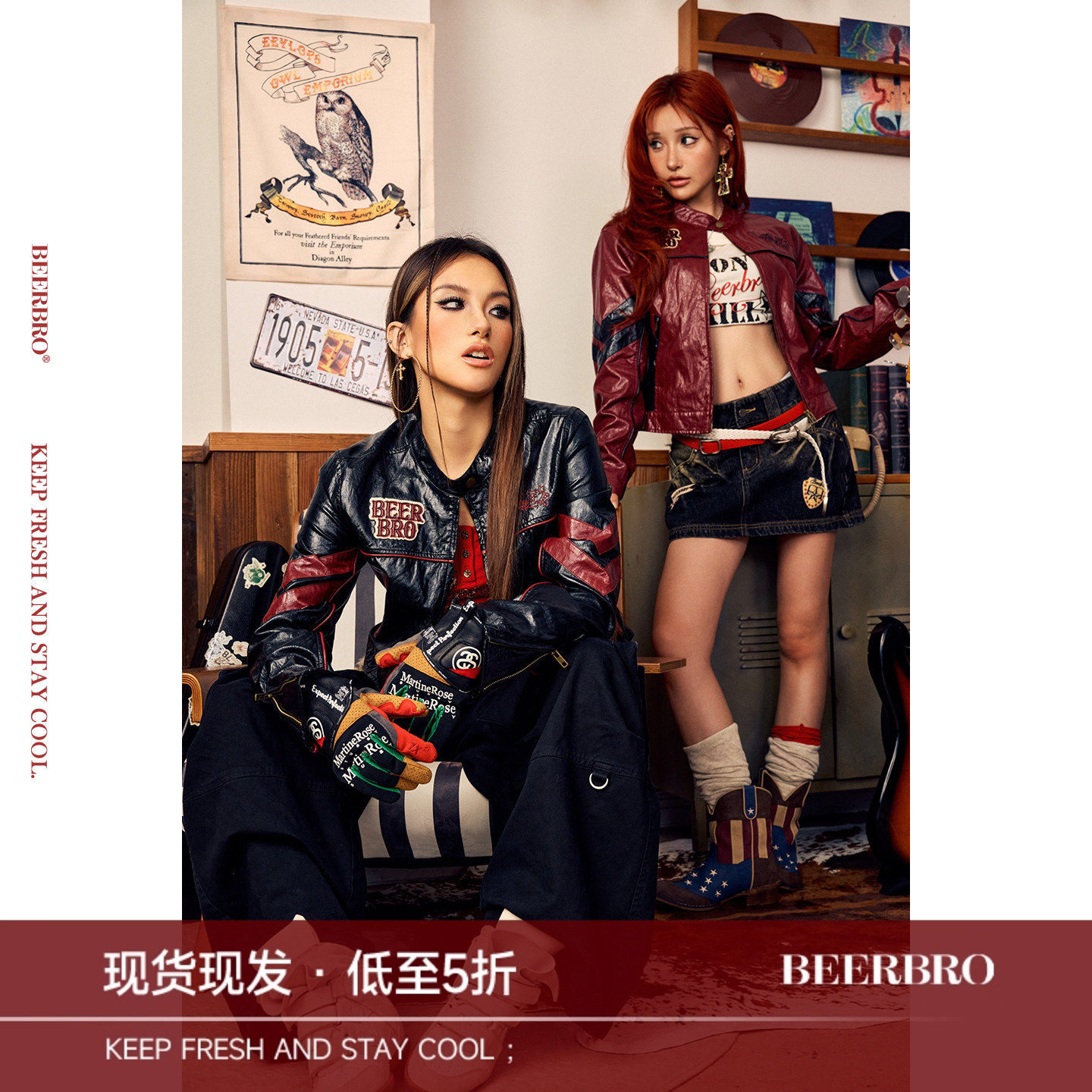 BeerBro『摇滚书吧』辣妹街头修身双拉链头机车撞色皮衣外套女图片