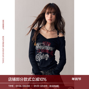 BeerBro 『复古声浪』宽松好穿辣妹V领印花烫片自带肩带毛衣