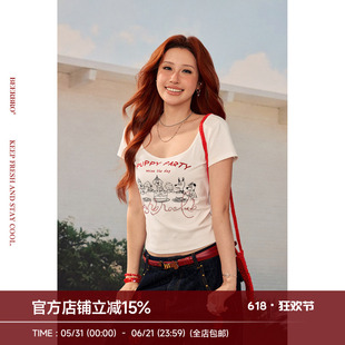 BreeBro 『出逃西海岸』修身显瘦小狗派对印花露脐上衣短款t恤女