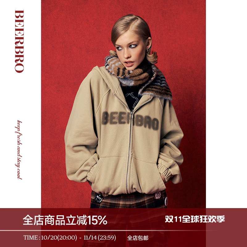 BeerBro 美式街头中性洗水抓毛连帽卫衣女秋冬宽松显瘦加厚外套