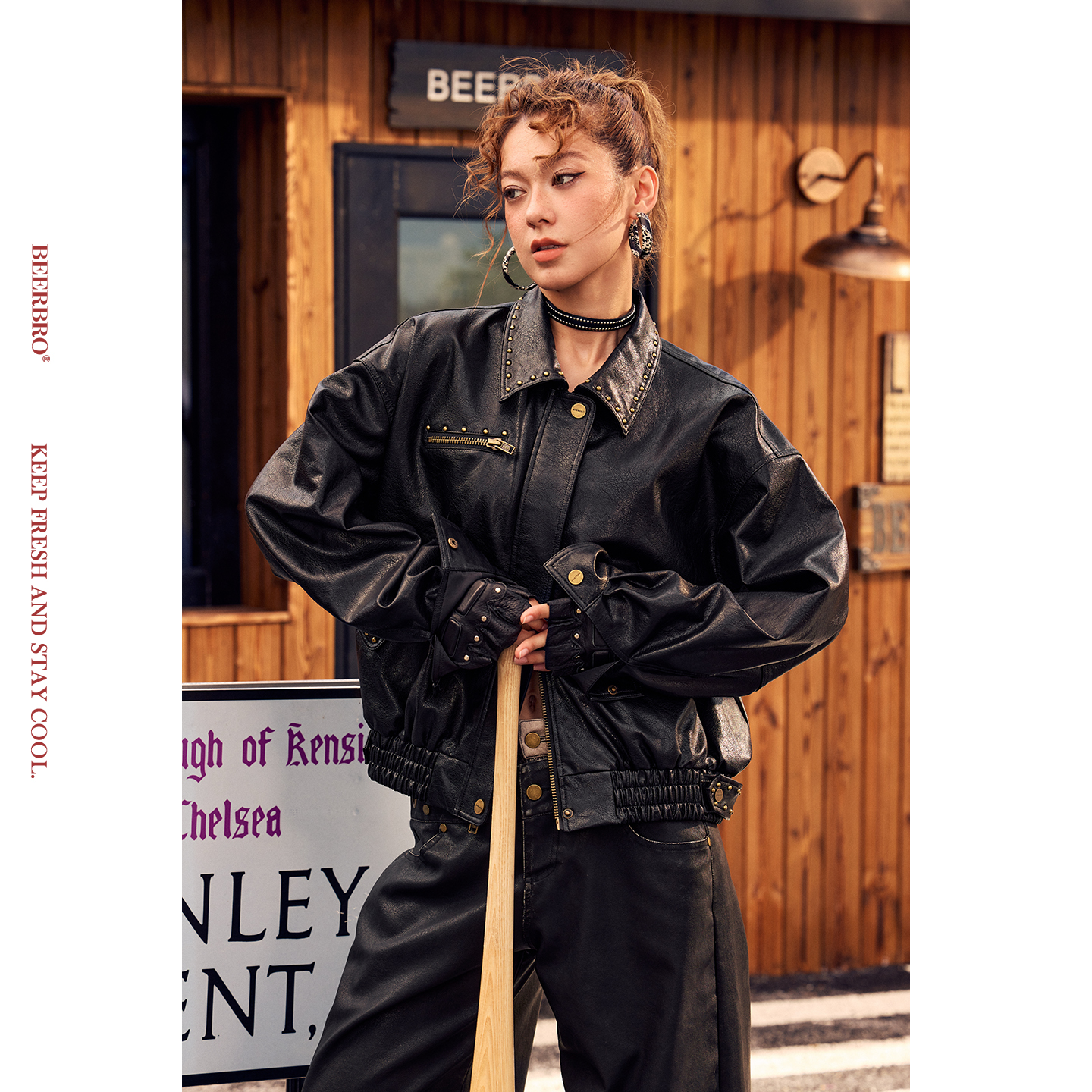 BeerBro『旷野派对』复古纹理皮革铜色秋冬撞钉宽松显瘦皮衣外套