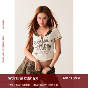 BeerBro『复古声浪』辣妹弹力修身撞色两件套迷彩比基尼短袖T恤女