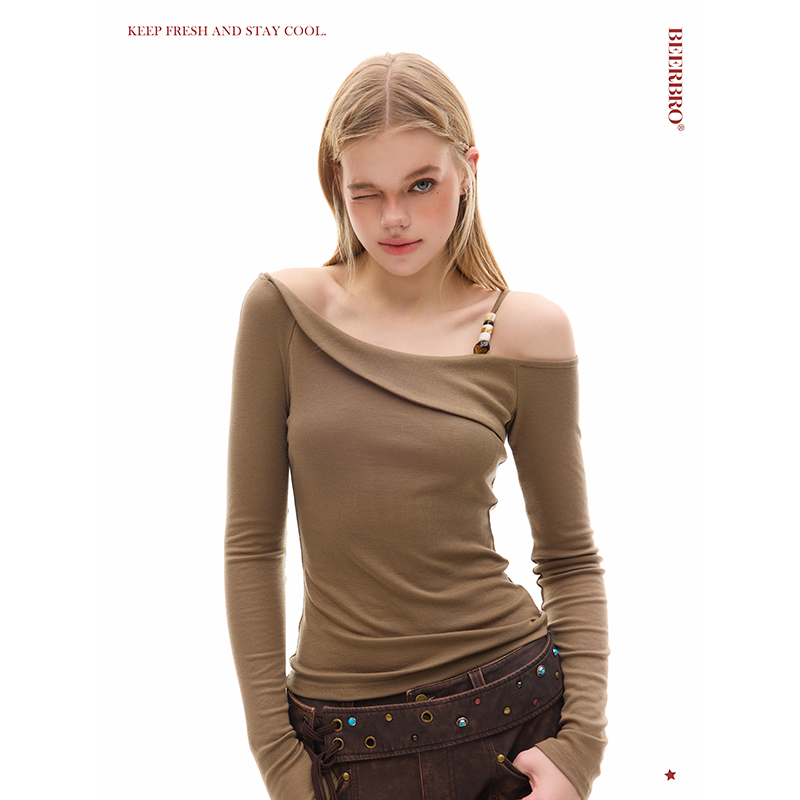 BeerBro『波西米亚』兰精天丝/美亚奴羊毛 舒弹斜肩串珠针织衫