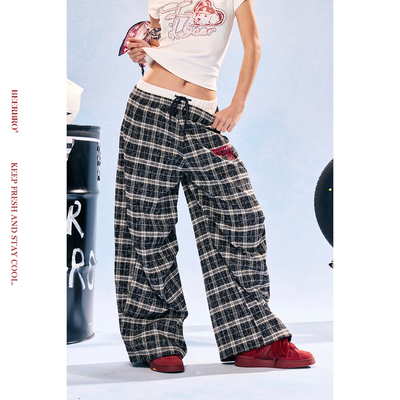 BeerBro『竞速脉冲』松弛vibe春夏辣妹假两件做旧格子休闲裤女