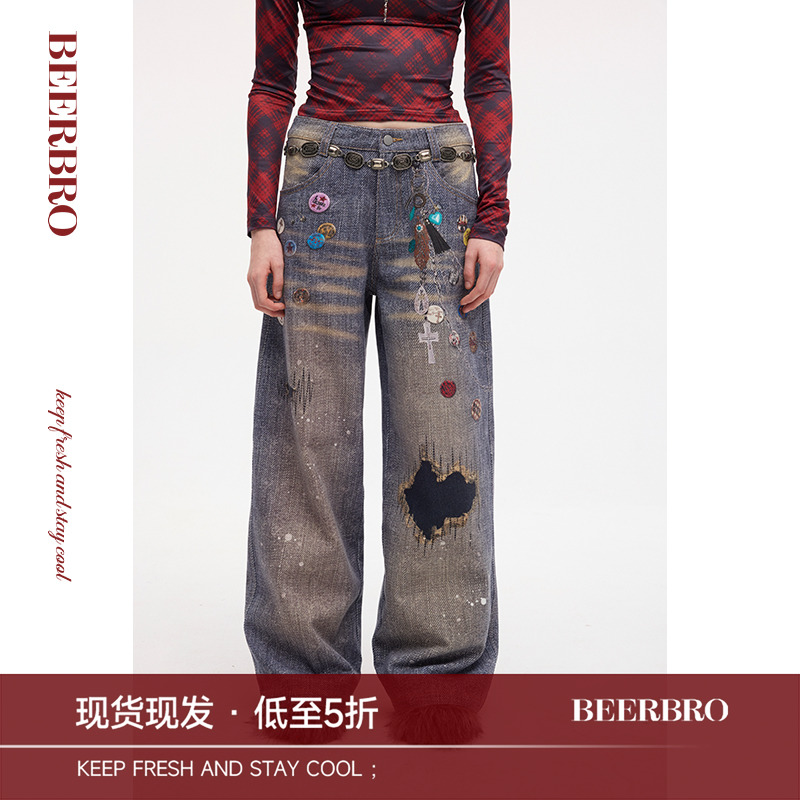 BeerBro 美式复古街头徽章链条印花牛仔裤女秋冬猫须破洞阔腿长裤