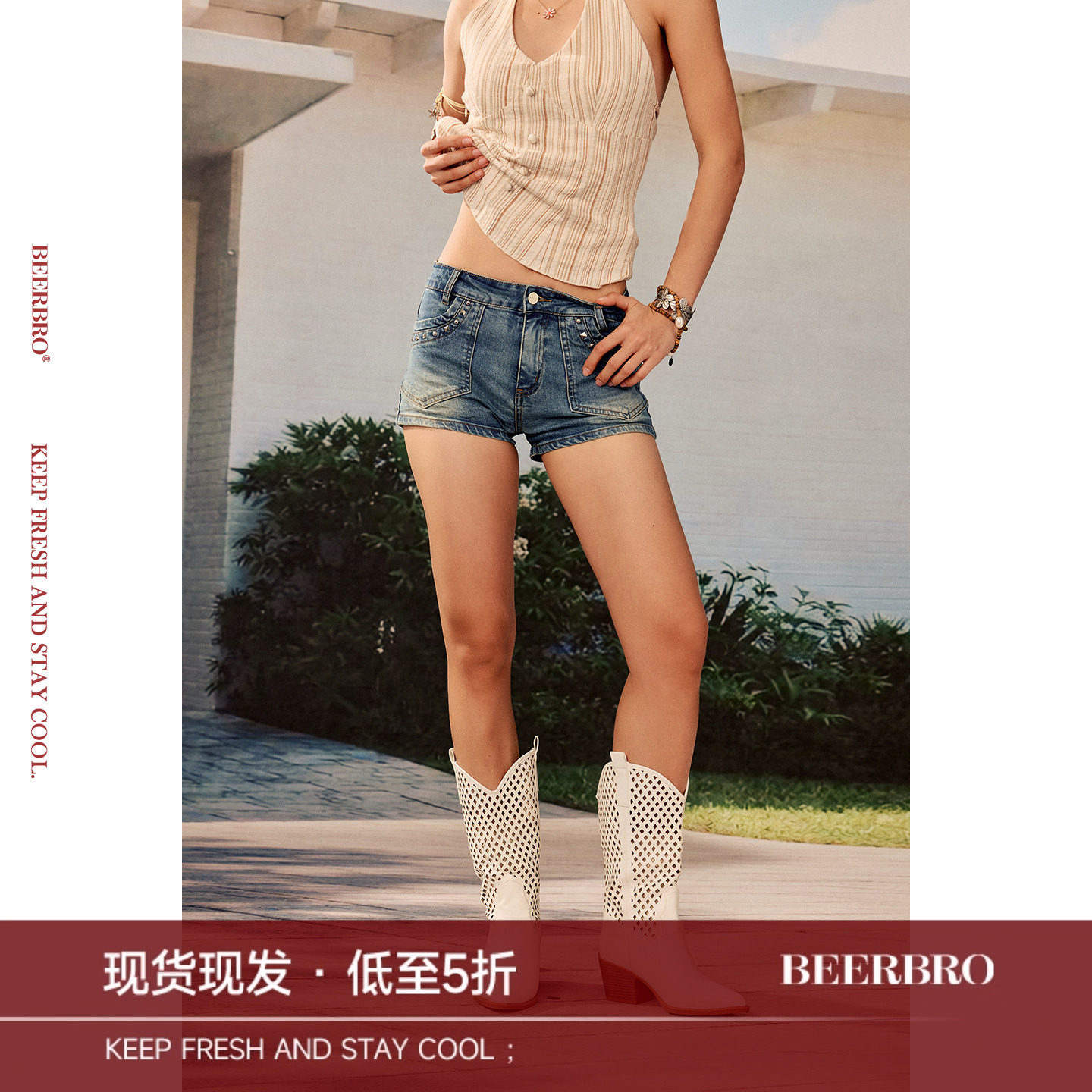 BeerBro『出逃西海岸』 辣妹复古重洗水铆钉显瘦A字牛仔短裤女图片