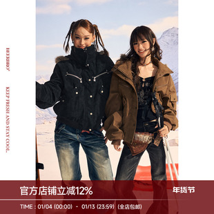 BeerBro『反叛竞技社』夹棉保暖1200g裥棉绒面撞钉皮革棉服外套