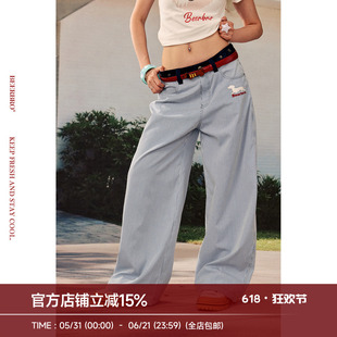 BeerBro『出逃西海岸』显腿长显瘦小狗刺绣条纹宽松直筒休闲裤女