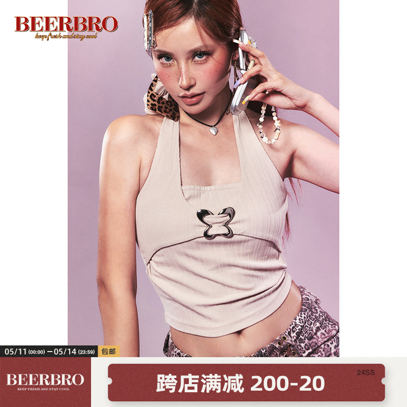 BeerBro 涩谷辣妹假两件蝴蝶挂脖吊带背心女设计感弹力显瘦小上衣 女装/女士精品 背心吊带 原图主图