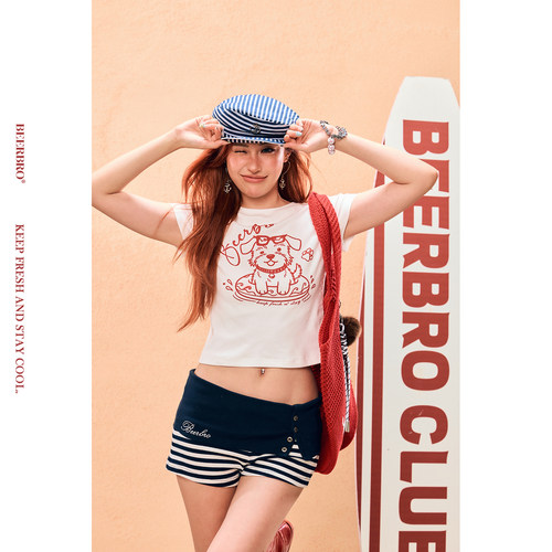 BeerBro『出逃西海岸』92%棉复古可爱校园小狗印花正肩短袖T恤