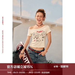 BeerBro『出逃西海岸』92%莱赛尔柔软亲肤小狗斜肩短款露脐T恤女