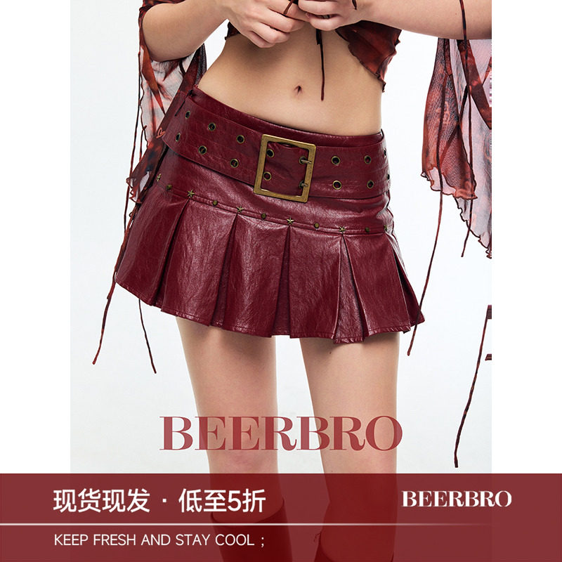 BeerBro『烂漫朋克』自制轻奢 摇滚甜心百褶PU皮裙短裙半身裙