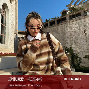 BeerBro设计感渐变条纹针织毛衣女秋冬欧美风复古宽松慵懒风上衣