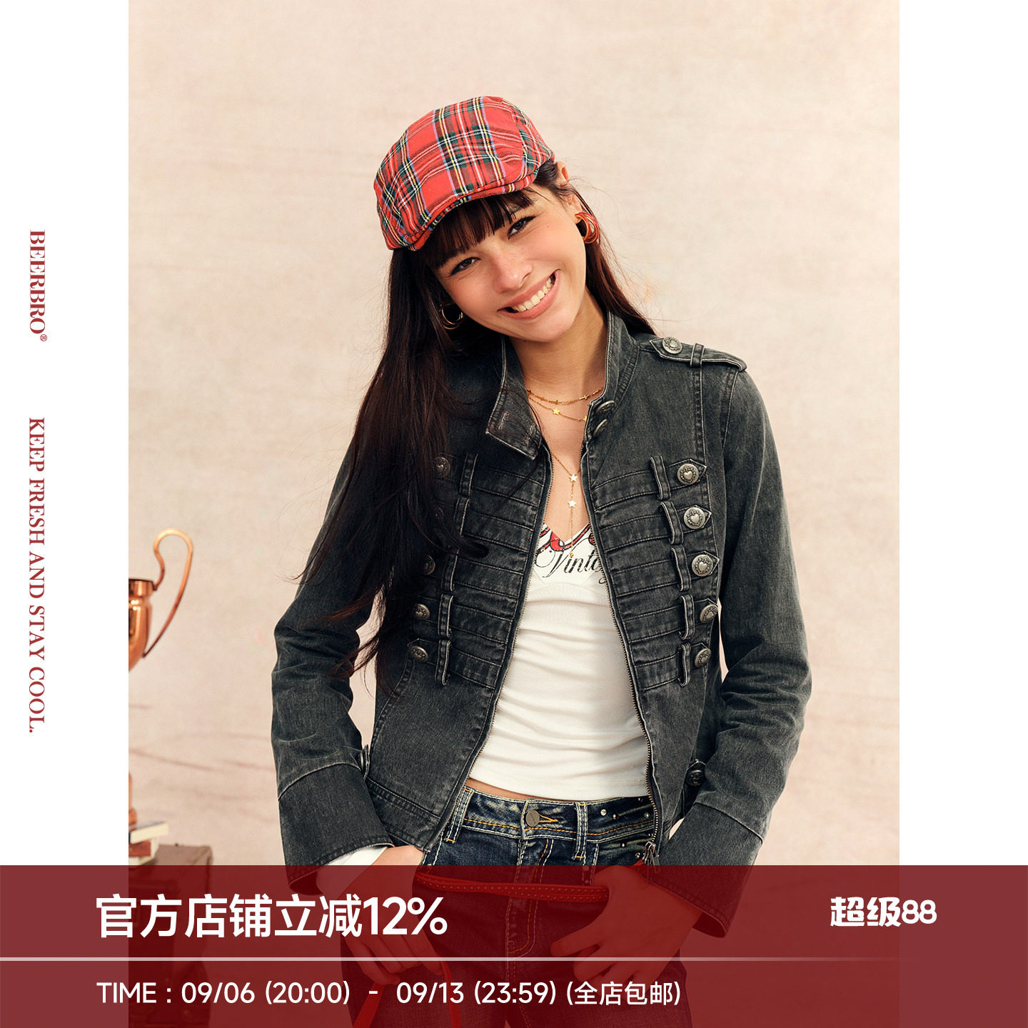 BeerBro『摇滚辣妹』设计感复古棉质拿破仑扣立领做旧夹克外套女图片
