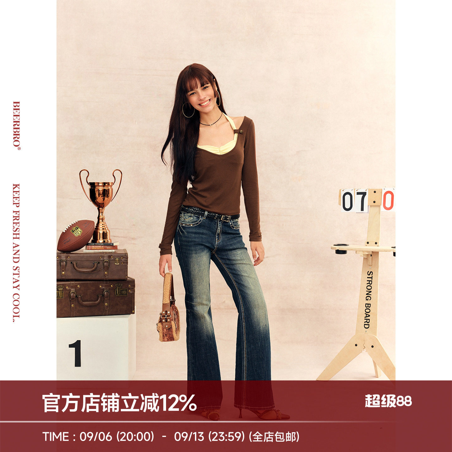 BeerBro『摇滚辣妹』复古风不规则紧身不贴腿显瘦微喇牛仔裤女图片