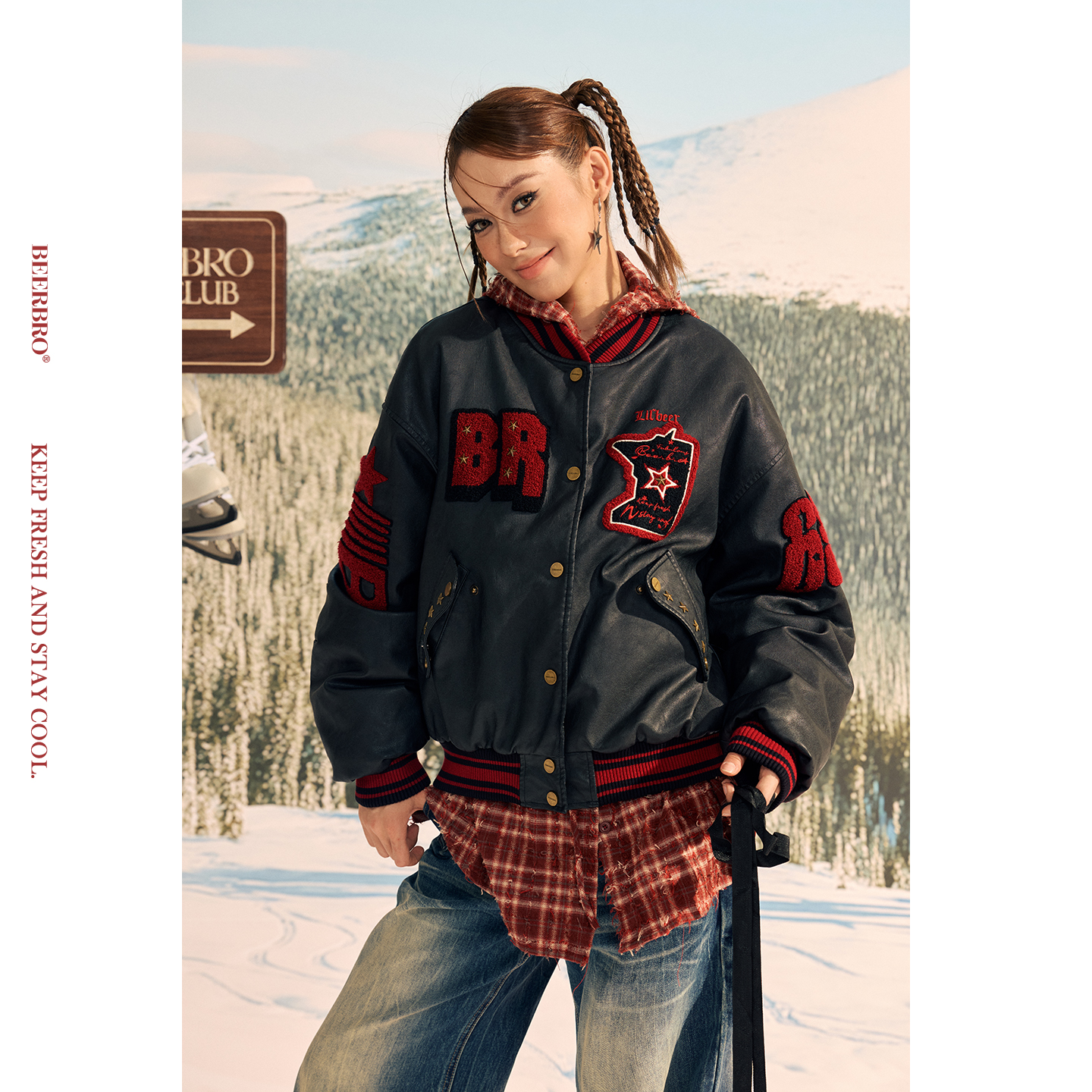 BeerBro『反叛竞技社』街头辣妹1300g夹棉pu皮衣夹克棒球服外套冬